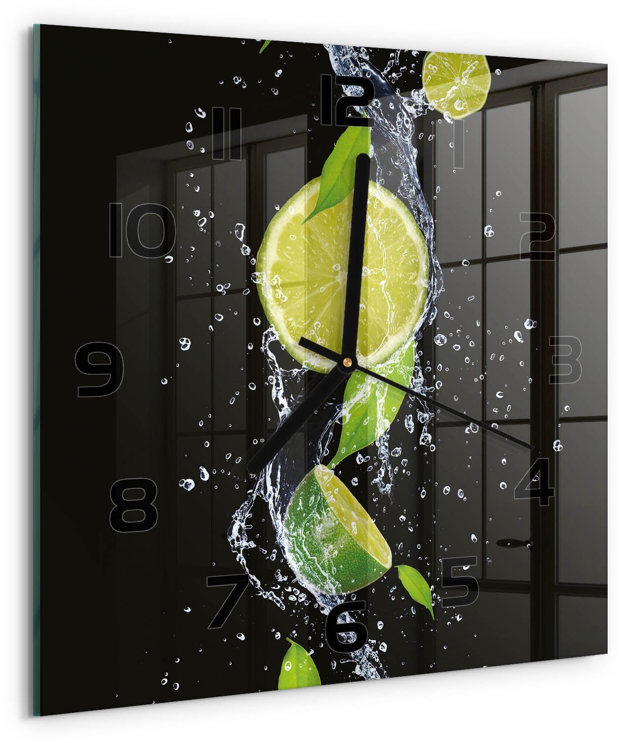 TULUP Wandklok - Kalk en water Wandklok Glas Decoratie - 30x30 cm - Groente Gekleurde Glazen Klok - Zwarte handen - Vierkante Klok - Klok Glas Met Opdruk - Moderne Wandklok Glas
