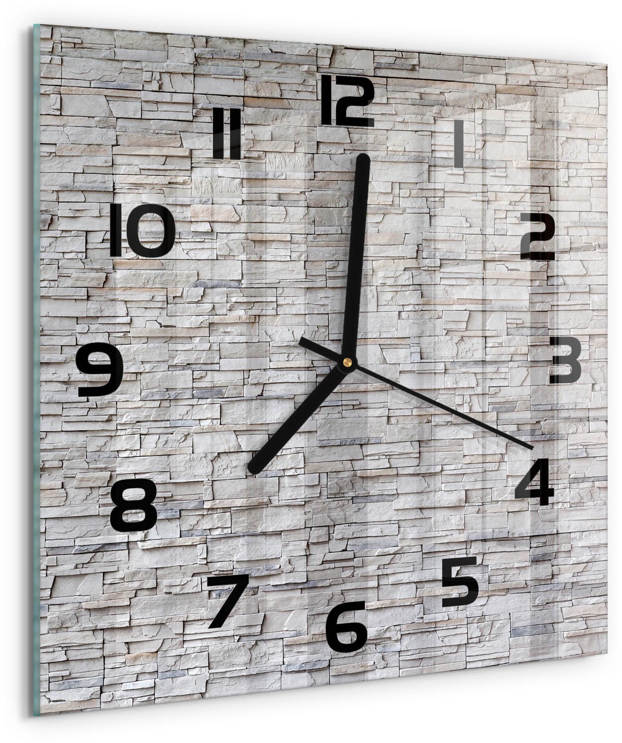 Tulup Wandklok - Stenen muur Gekleurde Glazen Klok - 30x30 cm - Beige Glazen Klok Met Print - Zwarte handen - Vierkante Klok - Moderne Wandklok Glas - Wandklok Glas Decoratie
