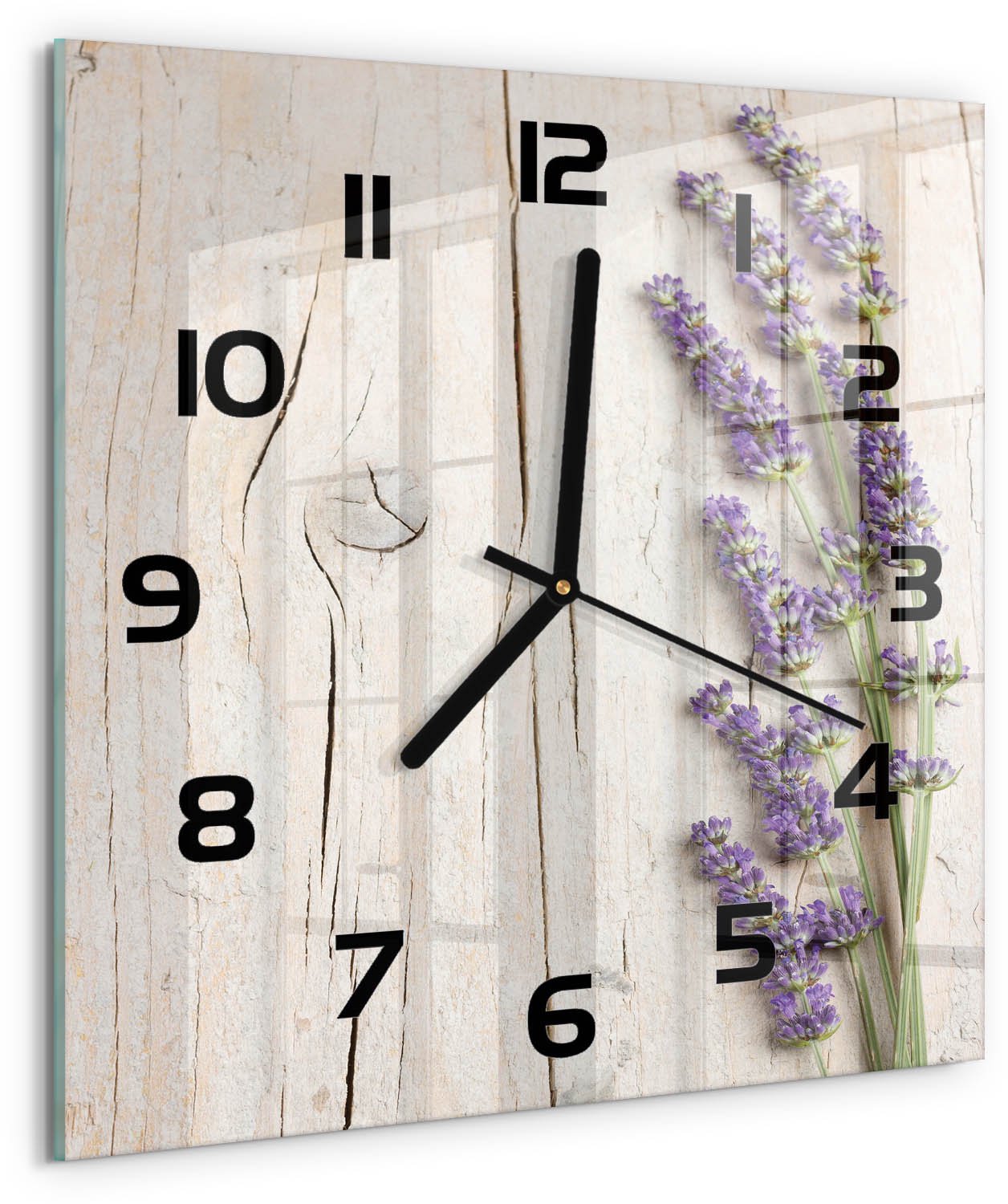 TULUP Wandklok - Lavendel op hout Gekleurde Glazen Klok - 30x30 cm - Paars Glazen Klok Met Print - Zwarte handen - Vierkante Klok - Moderne Wandklok Glas - Wandklok Glas Decoratie