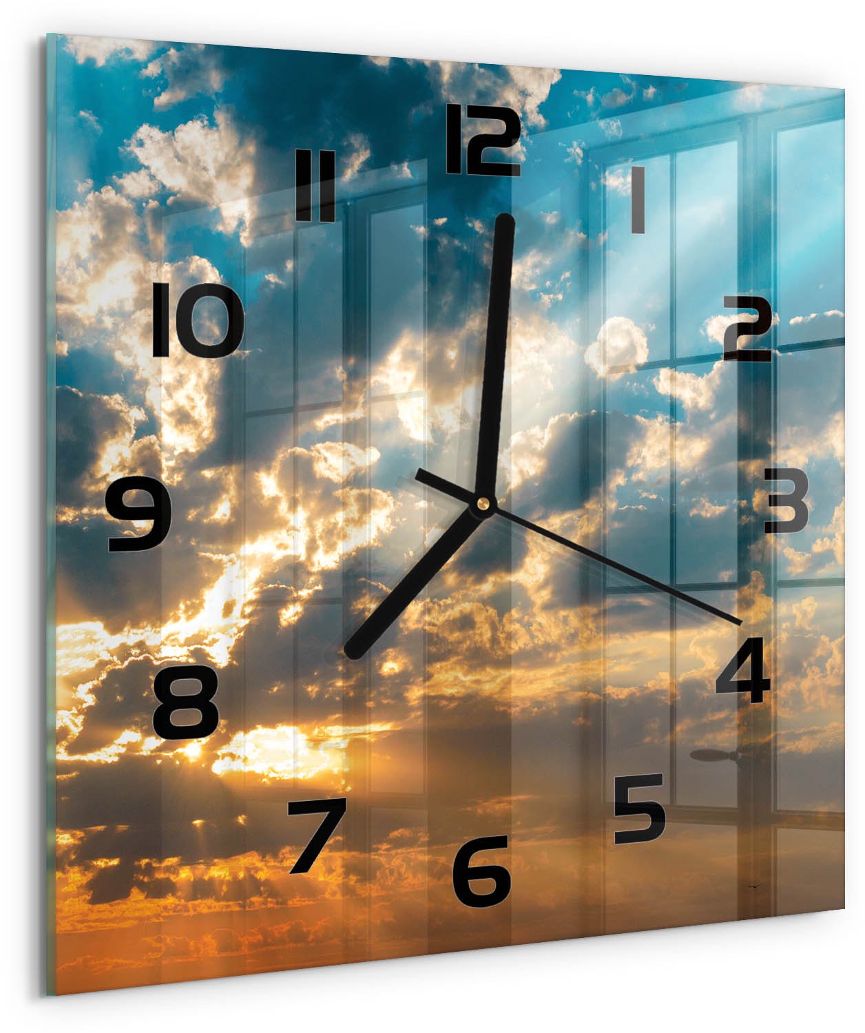 TULUP Wandklok - Hemel bij zonsondergang Wandklok Glas Met Motief - 30x30 cm - Veelkleurig Decoratieve Glazen Klok - Zwarte handen - Vierkante Klok - Gekleurde Glazen Klok - Glazen Klok Met Print
