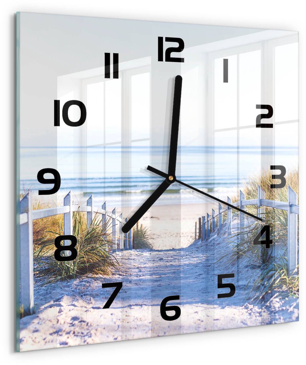 Tulup Wandklok - Kustduinen Glazen Klok Met Print - 30x30 cm - Beige Wandklok Glas Met Motief - Zwarte handen - Vierkante Klok - Wandklok Glas Decoratie - Gekleurde Glazen Klok