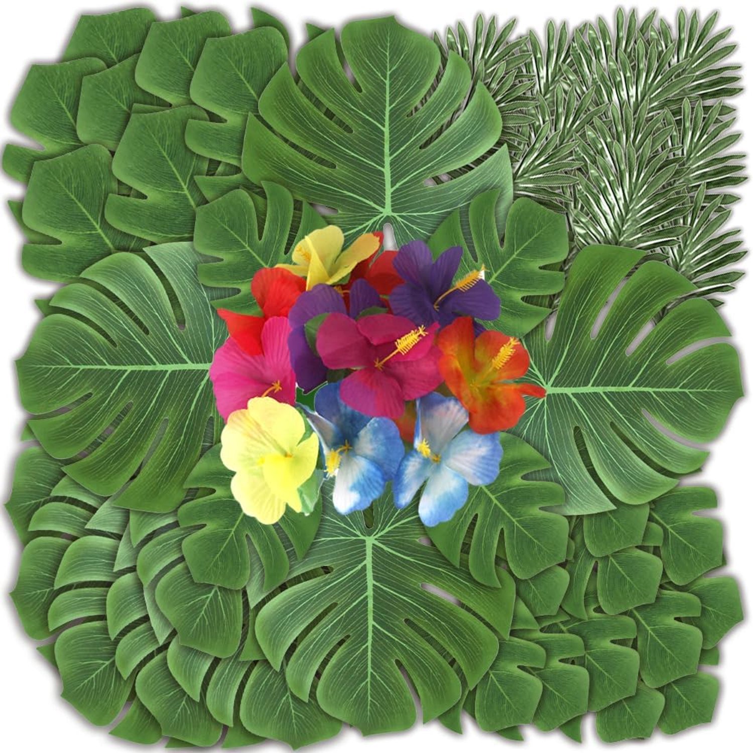 96 Pcs Artificial Palm Leaves, 4 Types Tropical Palm Leaves and Hibiscus Flowers, Tropical Plant Decoration, Palm - ShopVlot