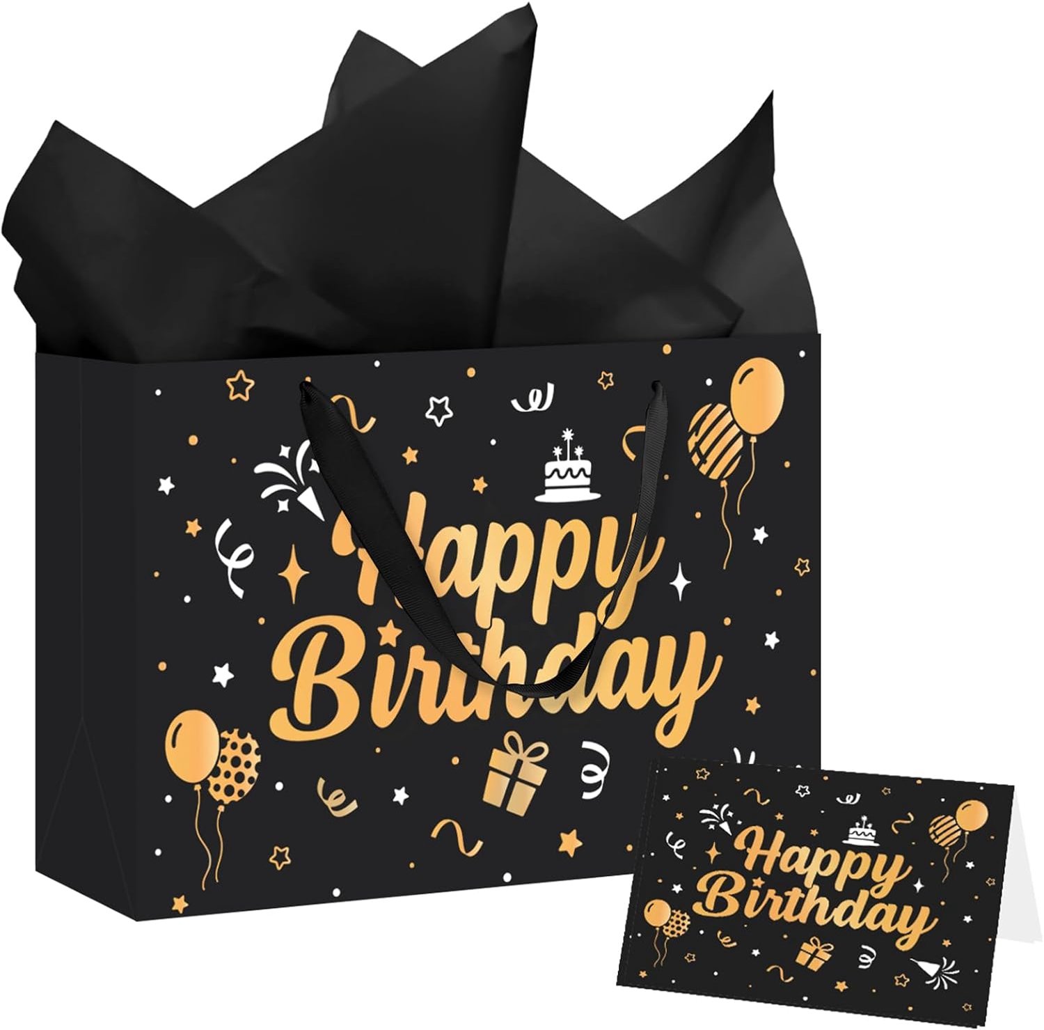 Cadeauzakje groot 32 x 22 x 14 cm - zwart goud - met handvat en zijdepapier - perfecte verjaardag geschenkverpakking - ShopVlot