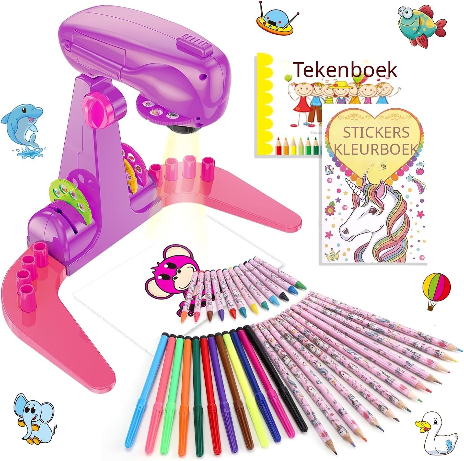 QEVA Tekenprojector Kinderen - Tekenprojector - Projectie Tekenbord - Roze - 17cm x 12cm x 24cm
