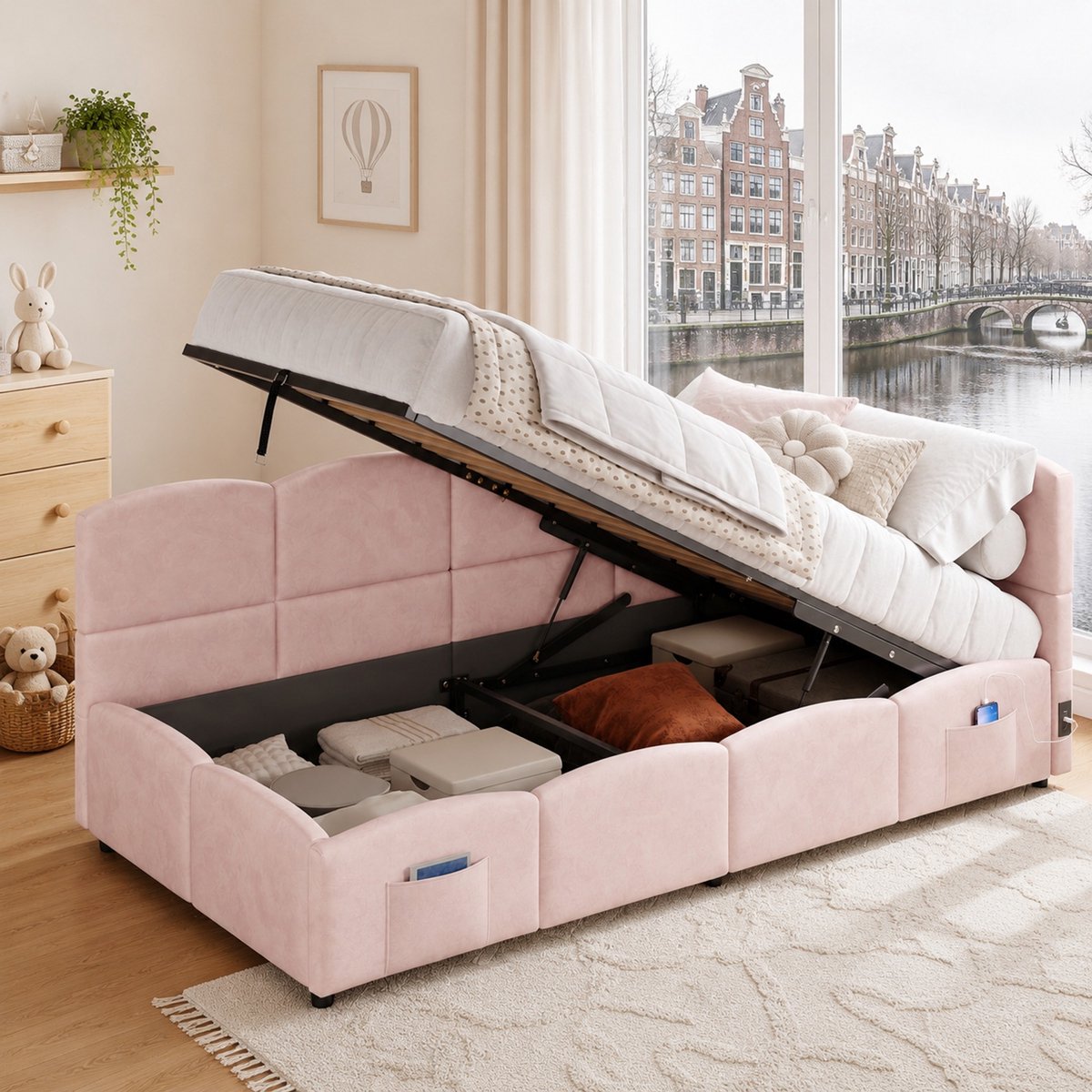 WUVRIE Gestoffeerd bed met opbergruimte 90x200 cm, lattenbodem, USB en stautas, roze Pink