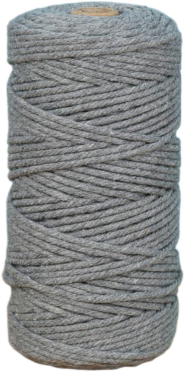 Macramétouw 3 mm x 100 m, natuurlijk katoenen draad voor wanddecoratie, plantenhangers, boho-decoratie,grijs