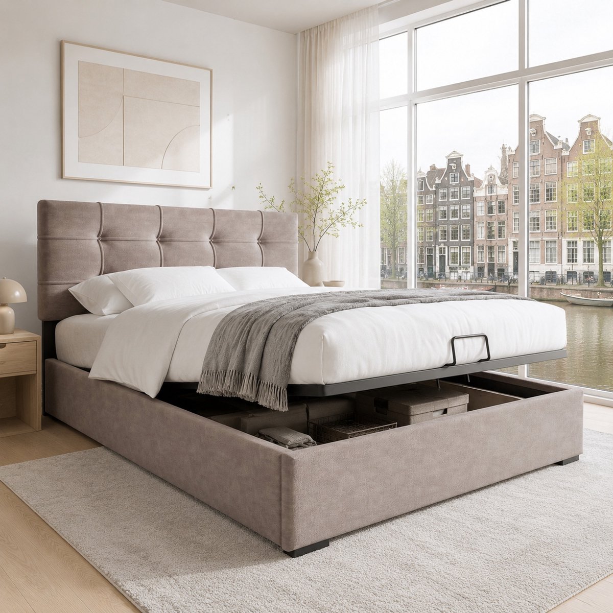 Hydraulisch enkel bed 90x200 cm - Polsterbed met verstelbaar hoofddeel, lattenbodem en opbergruimte, lichtgrijs velvet