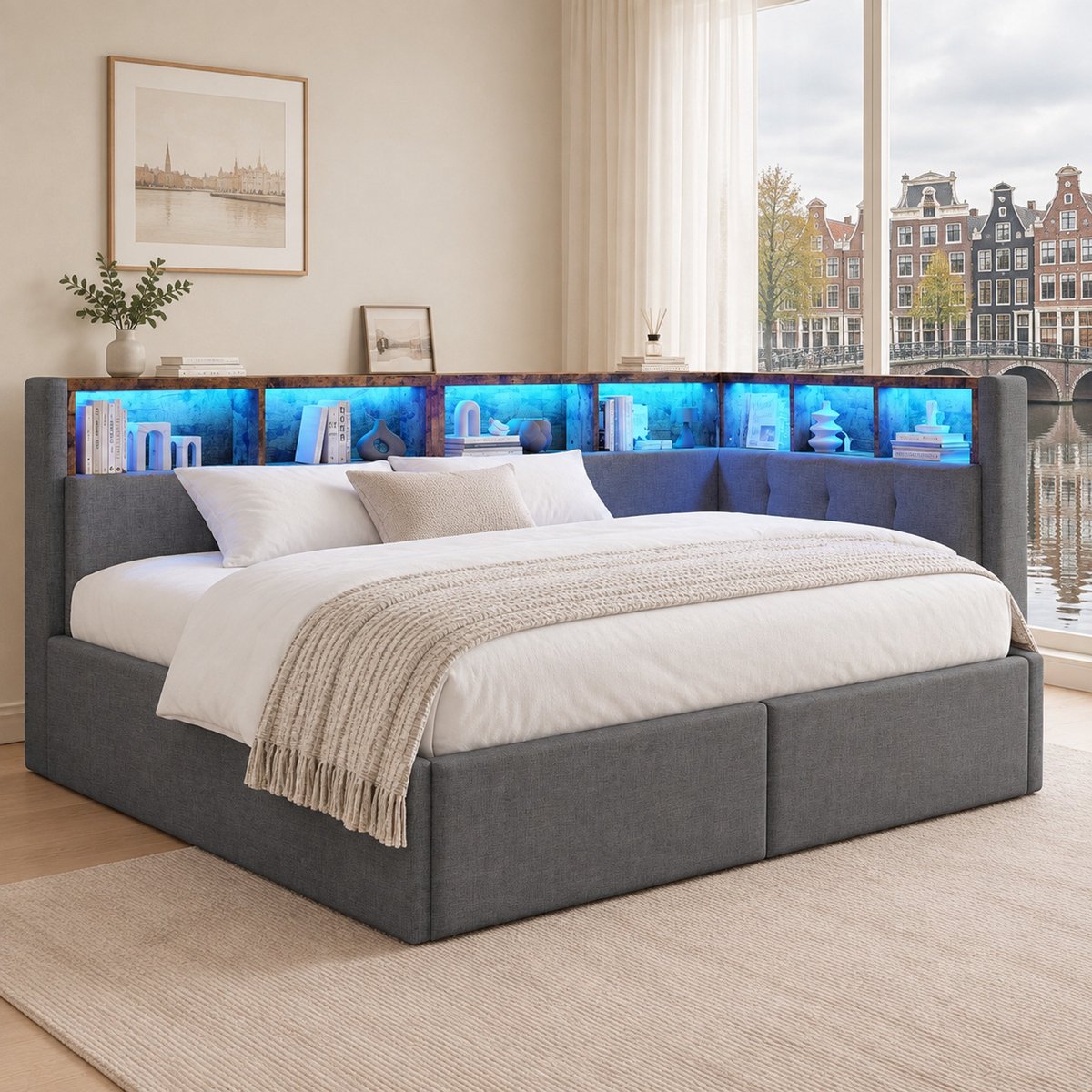 WUVRIE Slaapbank 90x200 cm met hydraulische opbergruimte, LED, USB en Type-C, grijs