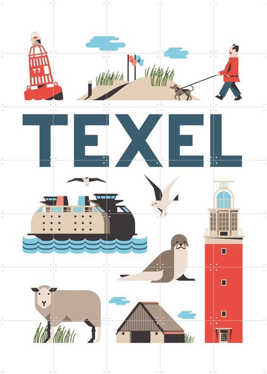 IXXI Texel, Jochem Coenen & Kunst in Kaart - 100 x 140 cm - Gratis ophangtool - Grote wanddecoratie en posters - Illustraties, Speels, Grafisch