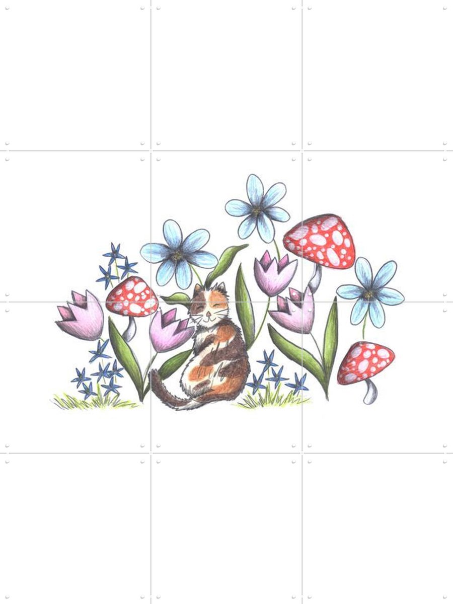IXXI Cat in the Garden, Cecilia Battaini - 60 x 80 cm - Gratis ophangtool - Grote wanddecoratie en posters - Illustraties, Fantasierijk, Kinderkamer