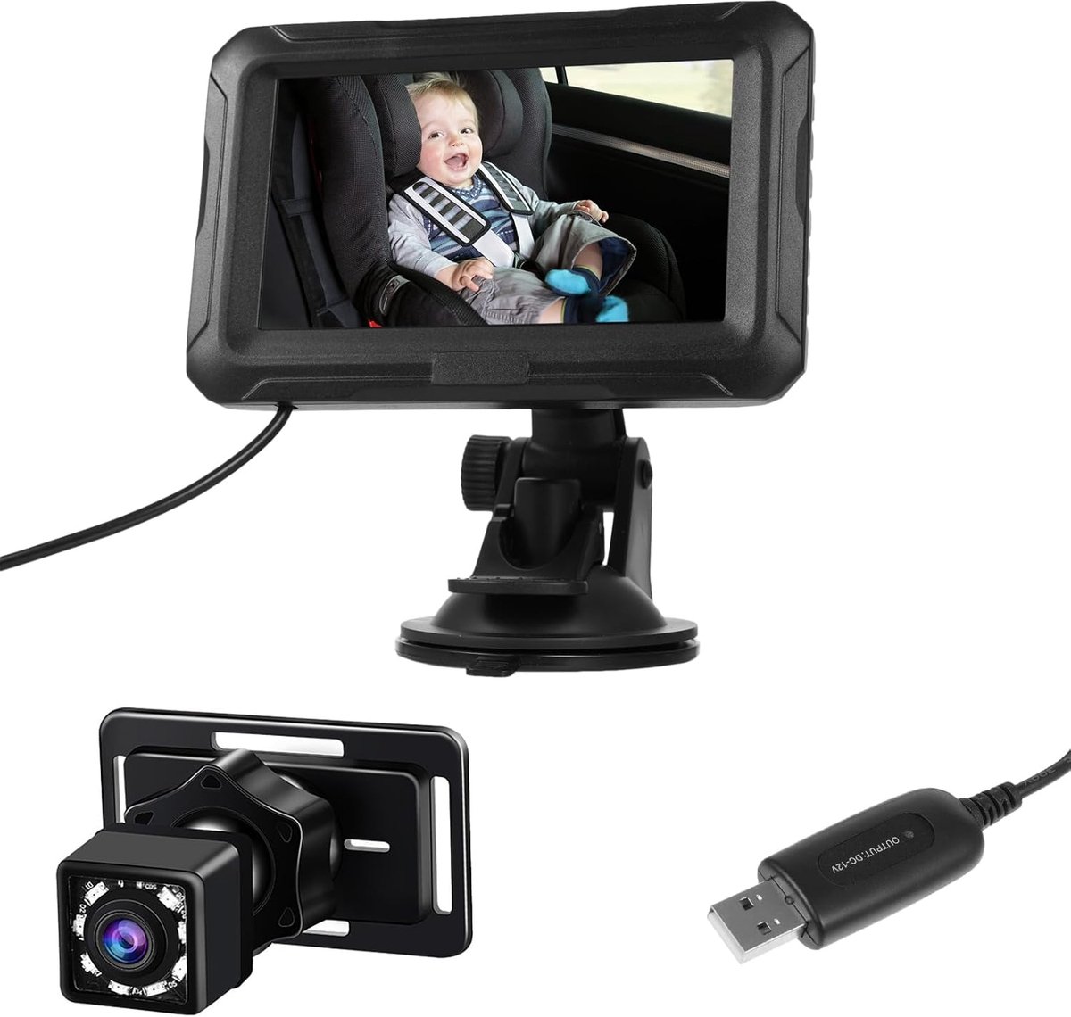 Auto Babyfoon 1080P Nachtzichtcamera voor Zuigelingen Kinderen Huisdieren 4,3 Inch 150 ° Kijkhoek (met USB-kabel)