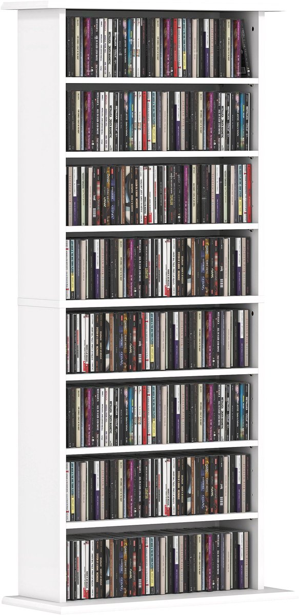 CD-rek - 6 planken - Verstelbaar - Geschikt voor 360 cd's of 185 dvd's - Wit - Afmetingen 58x24x124.5 cm