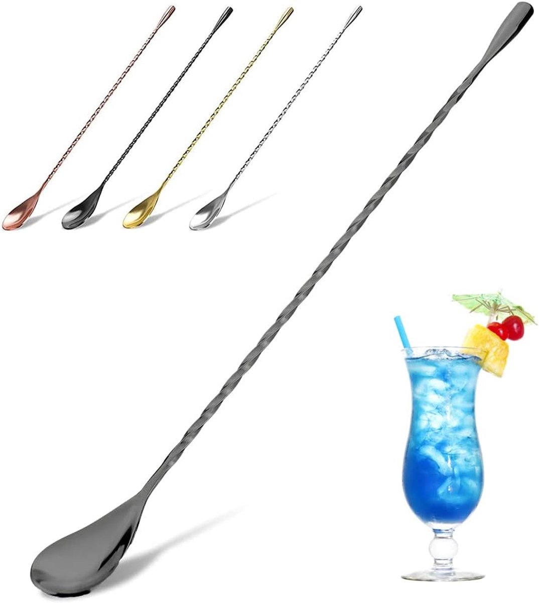 YFWOOD roestvrijstalen cocktaillepel, 30,2 cm lang, gedraaide roerder voor barman of thuisgebruik - ShopVlot