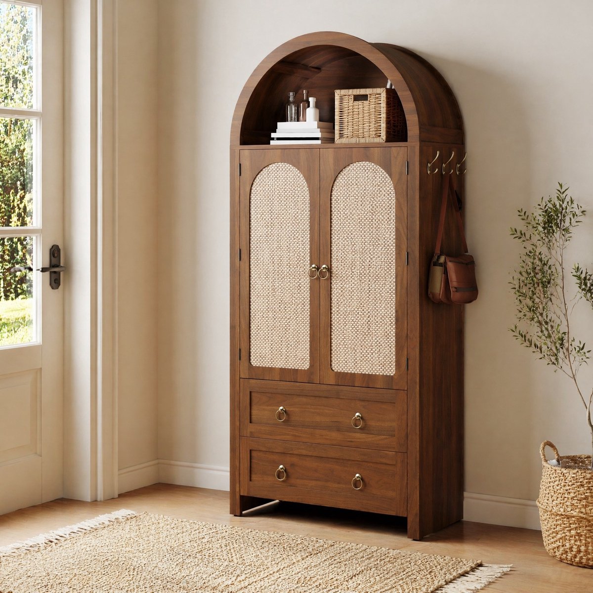 HAUSS SPOLE Dressoir - Retro Opbergkast Met Rotan Deuren En 2 Lades - Voor Woonkamer En Slaapkamer - MDF - 80x40x180 Cm - Walnootkleur