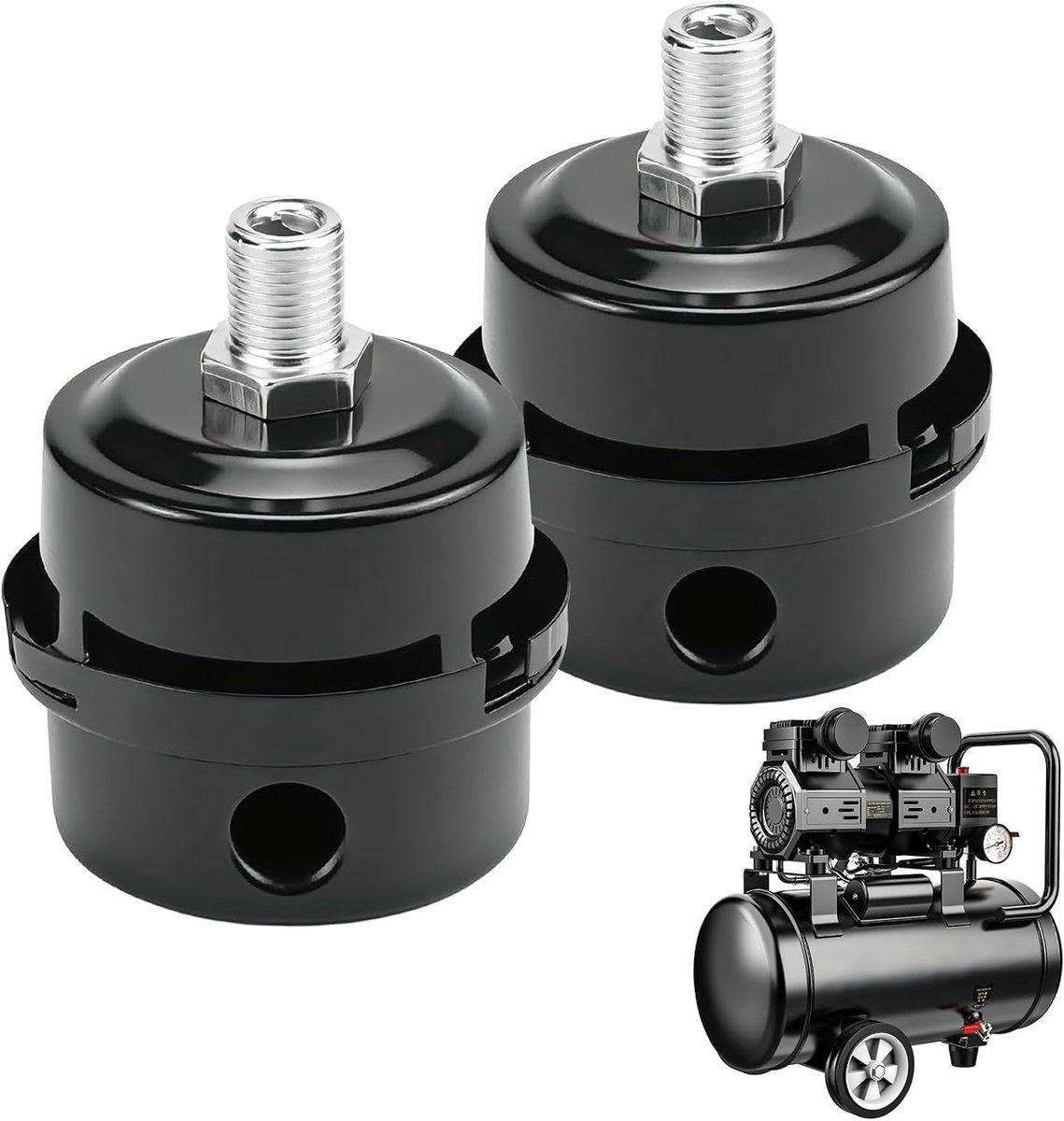 Set van 2 Compressor Geluiddempers, 1/2 inch, 13 mm Luchtfilter voor Compressoren, Geschikt voor Olievrije Systemen, Draadmetaal, Geluiddemping, Onderdeel voor Luchtcompressor