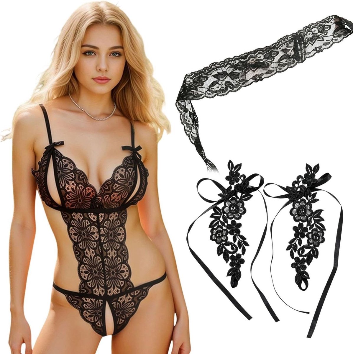 Romantische Hollow Sexy Ondergoed Set met Lacey Ribbons, Ankelschoenen en Oogmasker voor een Verleidelijke Avond