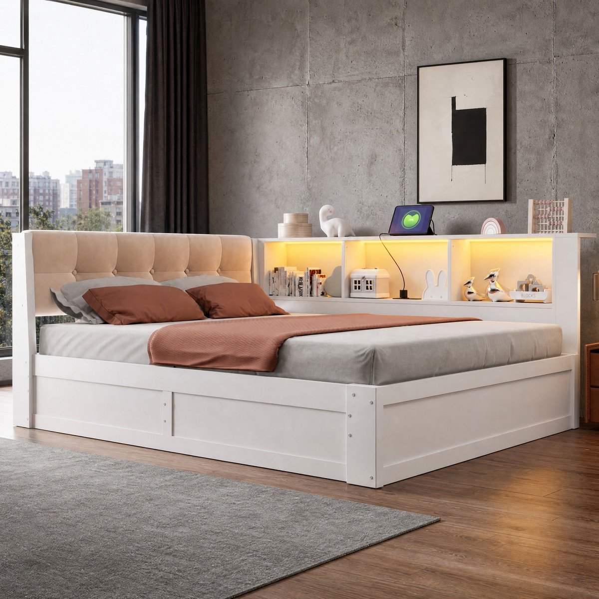 Slaapbank 140x200 Cm Zonder Matras Hydraulische Opbergruimte Met Led Verlichting Usb Aansluiting En Opbergrek Hout Mdf Wit