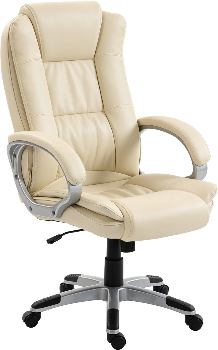 Bureaustoel PU Leren - Schommel - Hoge Rugleuning - Verstelbare Hoogte - Beige Kleur - PU Lederen Bekleding
