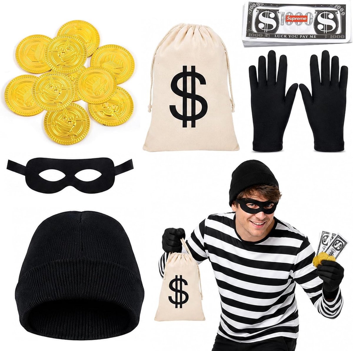 6-delige kostuumset voor dieven met masker, pet, handschoenen en geldzak voor carnaval en Halloween, geschikt voor volwassenen en kinderen