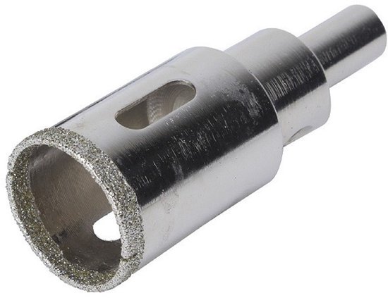 Een zilverkleurige diamanttegellboor met een gesegmenteerde rand en een schacht.