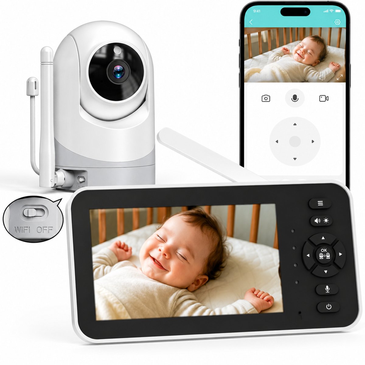 Babyfoon met camera 1080P HD beeld, nachtzicht, 2-weg audio, draaibare camera en 5 inch scherm