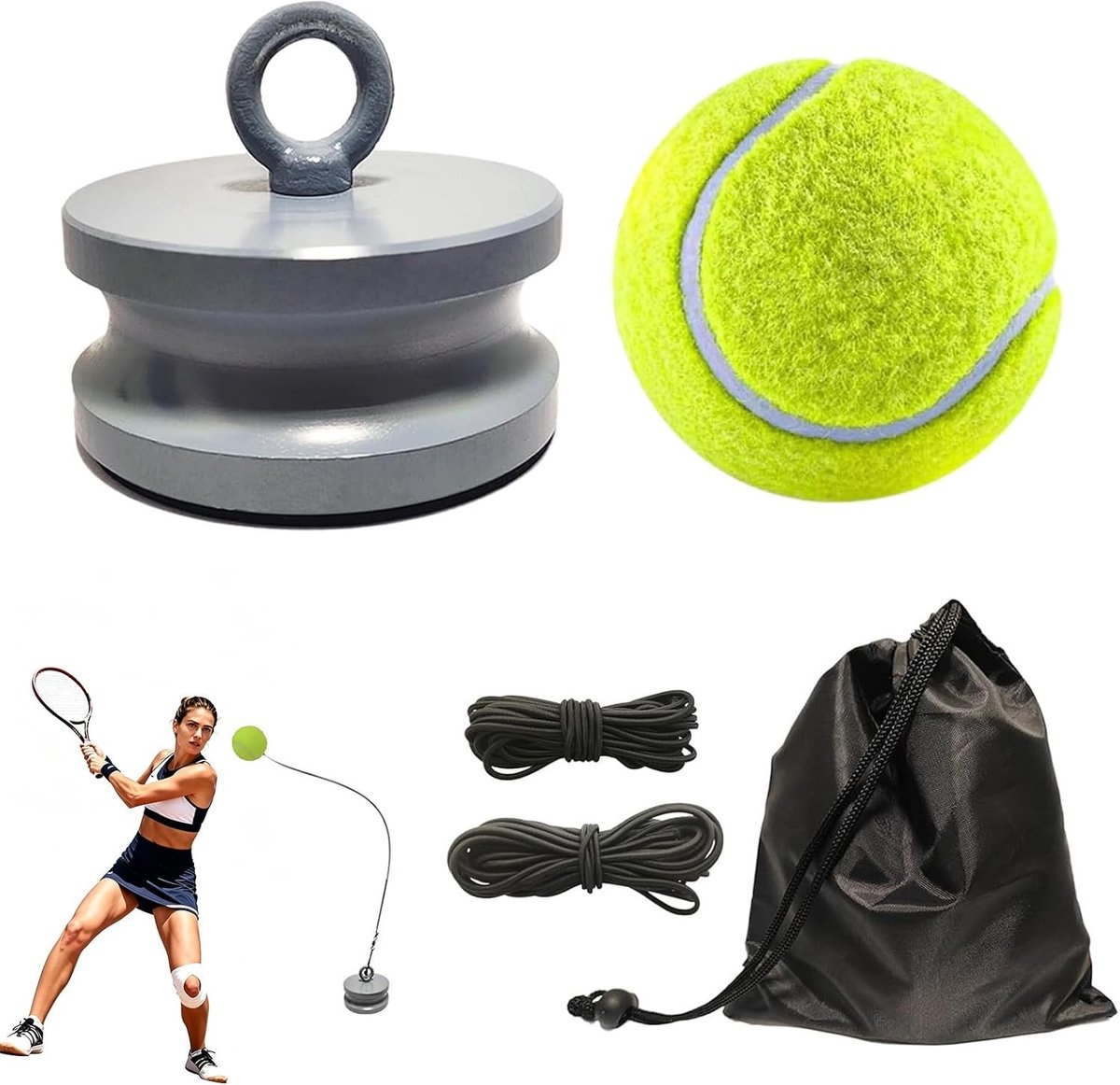 Tennistrainingsset - Zwart - Metalen Voet van 1,2 kg - Inclusief Tennisracket en Ballen met Koord - Voor Kinderen en Volwassenen