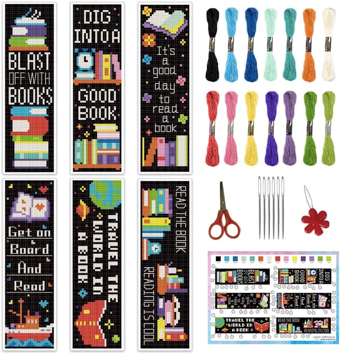 6 Stuks Boekenthema Borduurmarkeringen - 20 x 6 cm DIY Boekenlegger Kits met Handleiding voor Beginners en Creatieve Hobby's