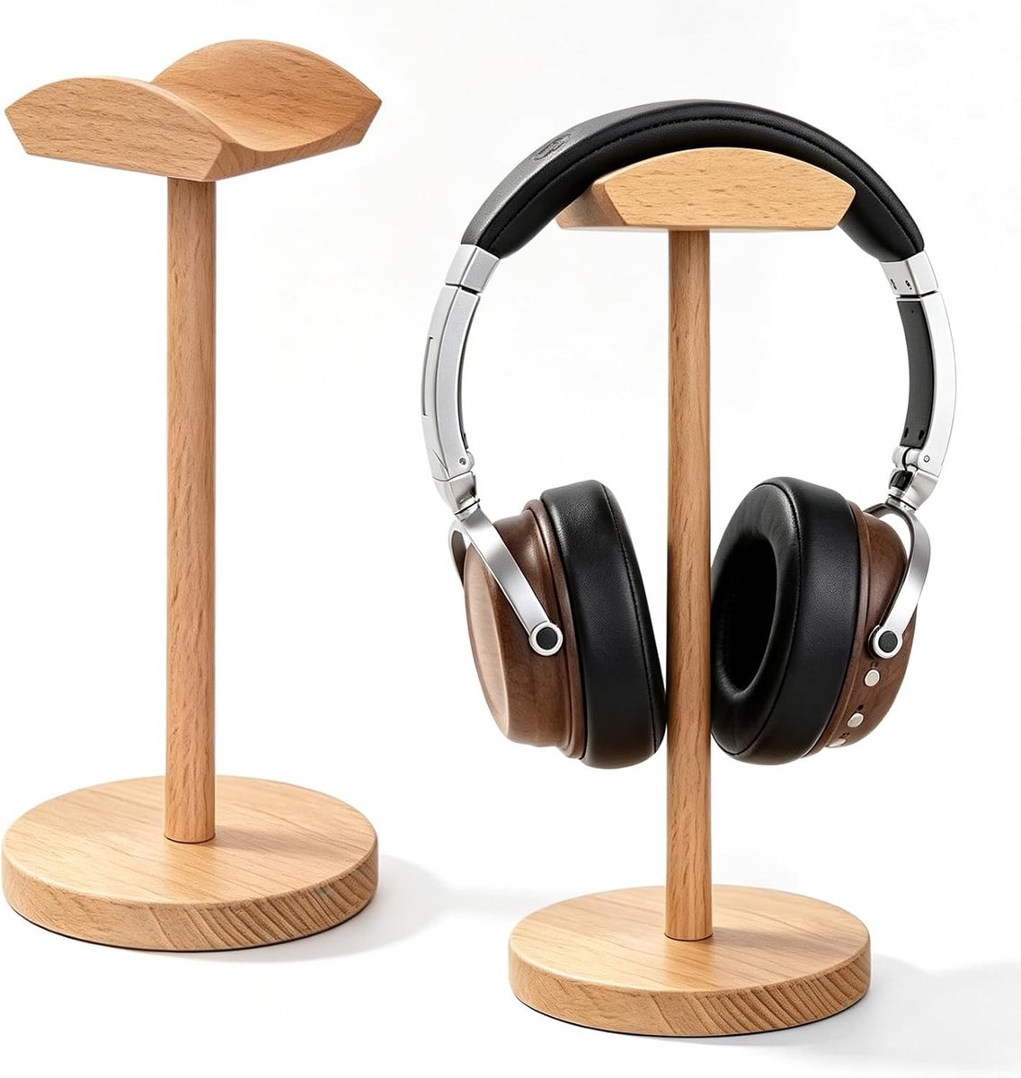 Hoofdtelefoonstandaard van beukenhout en aluminium, antislip headsethouder voor gaming en muziek, bureauaccessoires en monitorsteun