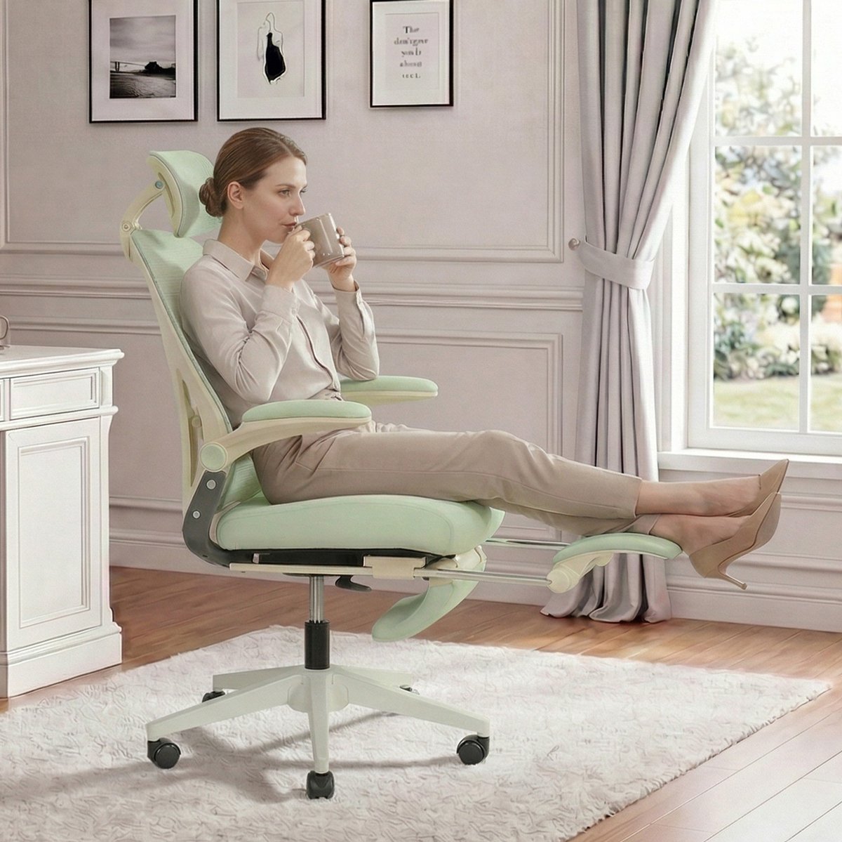 OKWISH Bureaustoel - Verstelbare Ergonomische Bureaustoel 67 x 129 cm - Met 3D Hoofdsteun, Lendensteun, Kantelfunctie en Voetsteun - Voor Werk, Studie en Spel - Mesh en Schuim - Groen