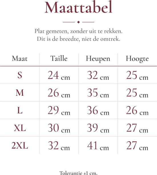 Maattabel voor dames slip met afmetingen voor taille, heupen en hoogte in cm voor de maten S tot 2XL.