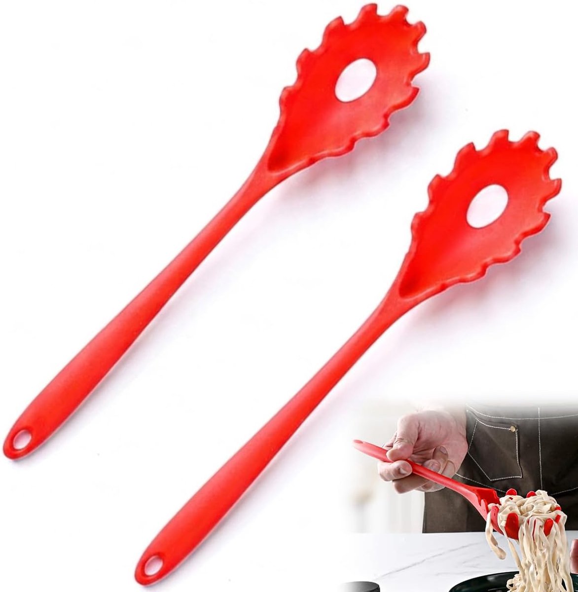 2 Stuks Rode Spaghettilepel – Hittebestendige Siliconen Pastavork, Anti-Slip Handvat Voor Koken En Serveren