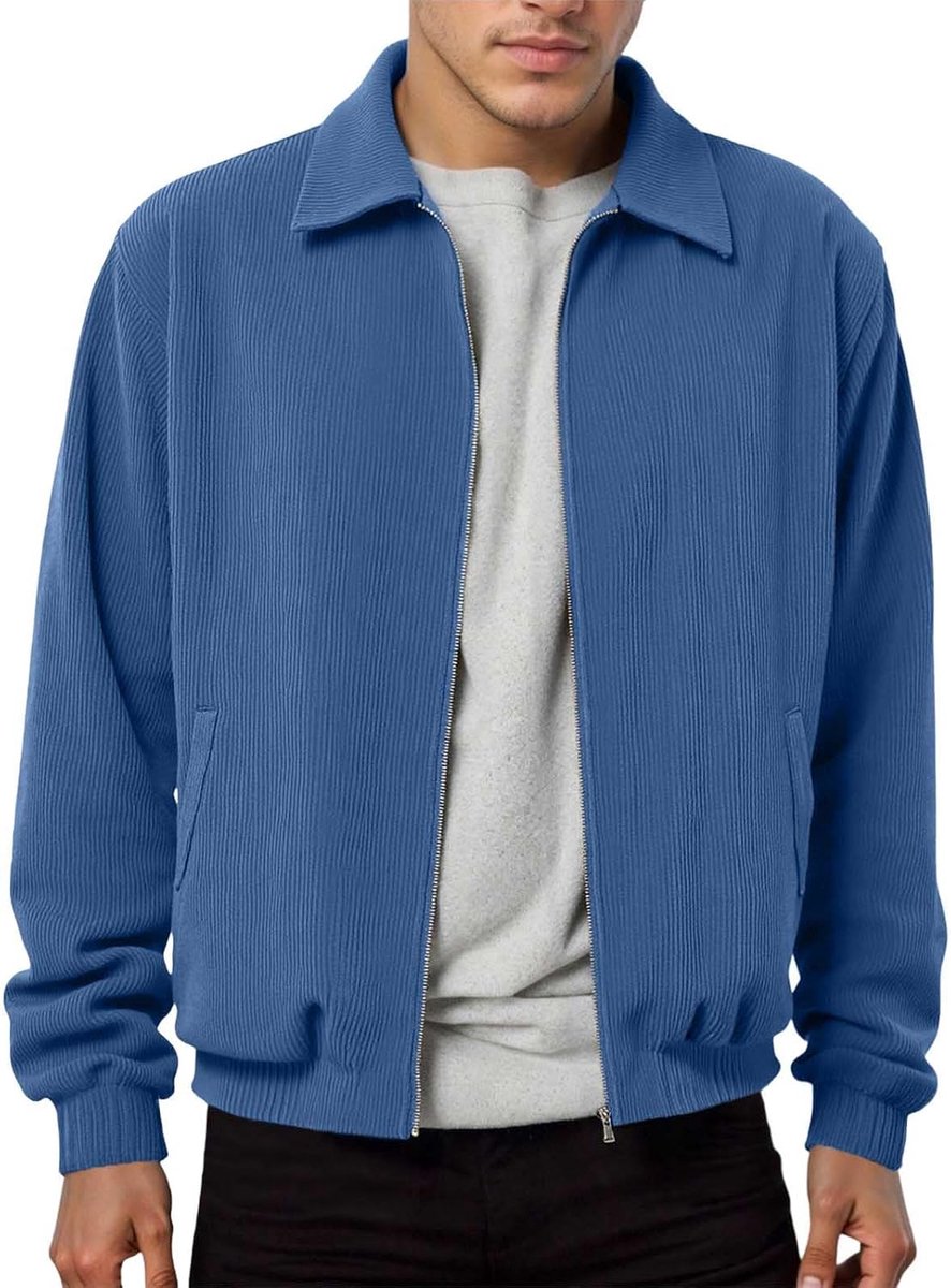 Corduroy jas voor heren, slim fit, licht, ademend, opstaande kraag, ritssluiting, voor lente en herfst