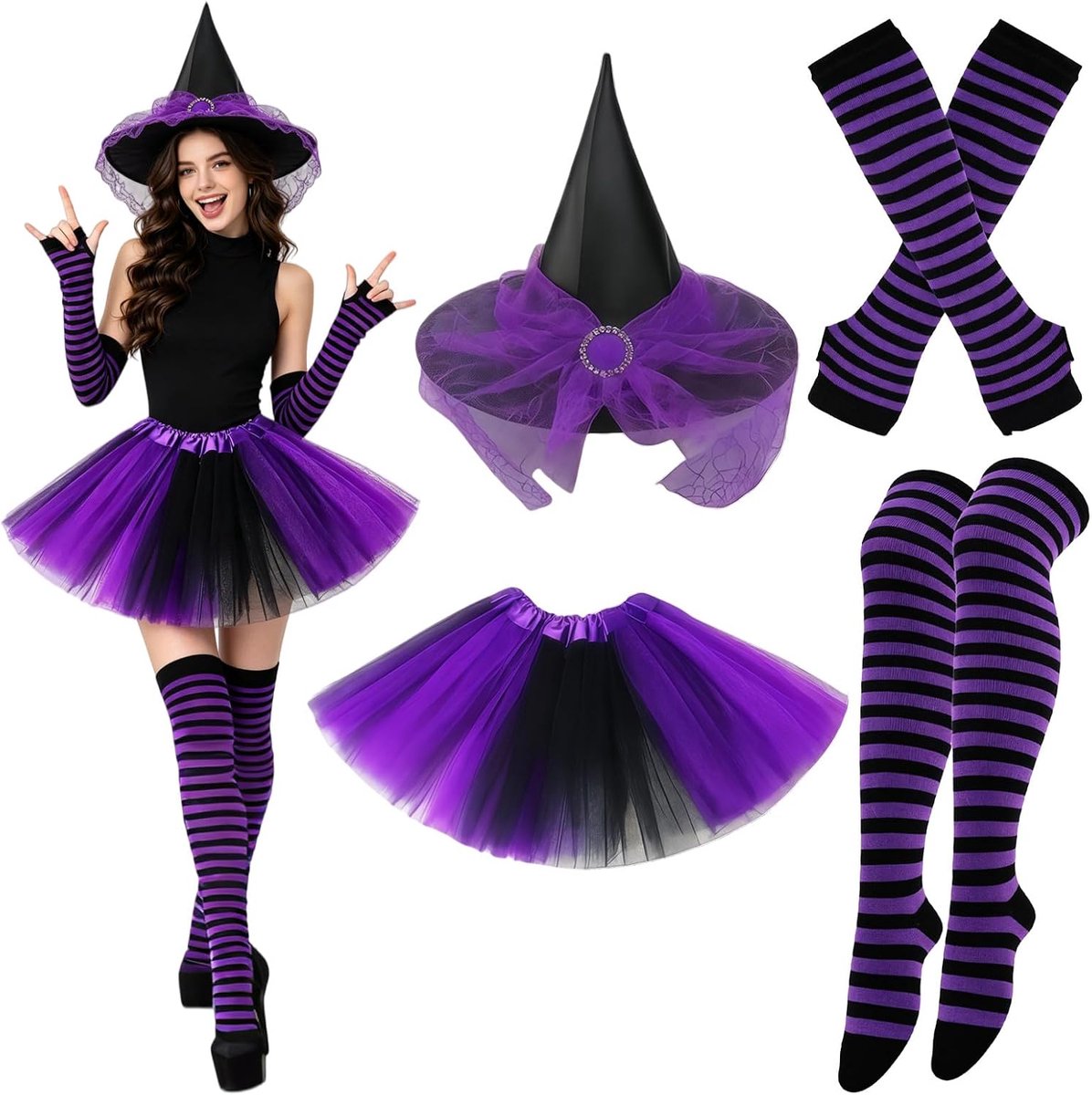 5 stuks Halloween heksenkostuum, heksenhoed 3 lagen 40 cm tutu & gestreepte strakke sokken handschoenen gothic cosplay outfit set kerst Halloween carnaval voor volwassenen