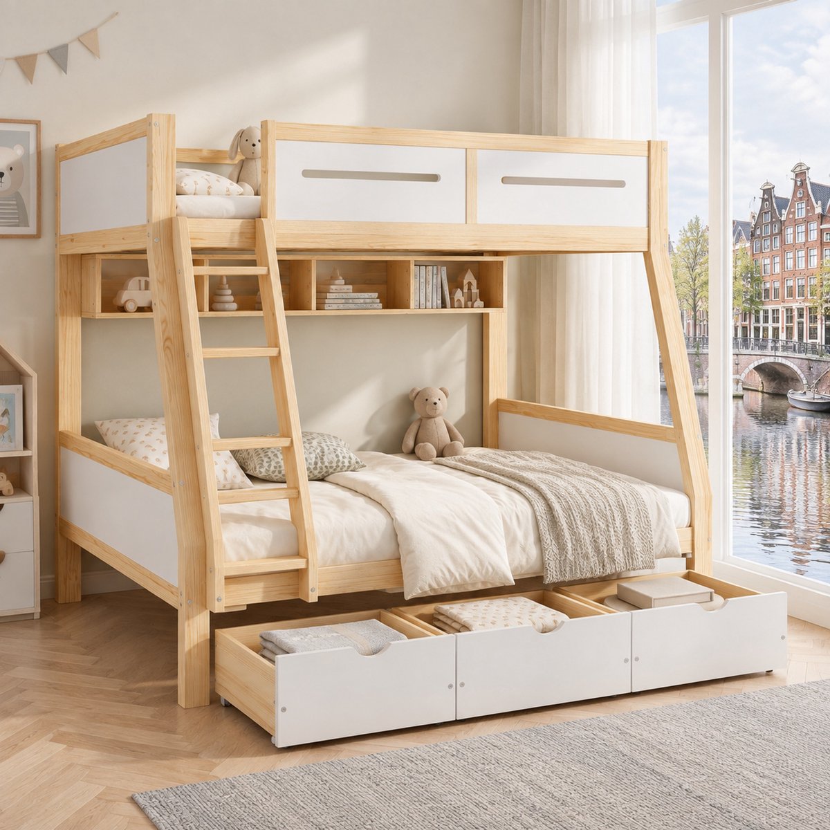 WUVRIE Stapelbed 90x200 en 120x200 cm met 3 lades, boekenrek, ladder en veiligheidshekken, wit/naturel