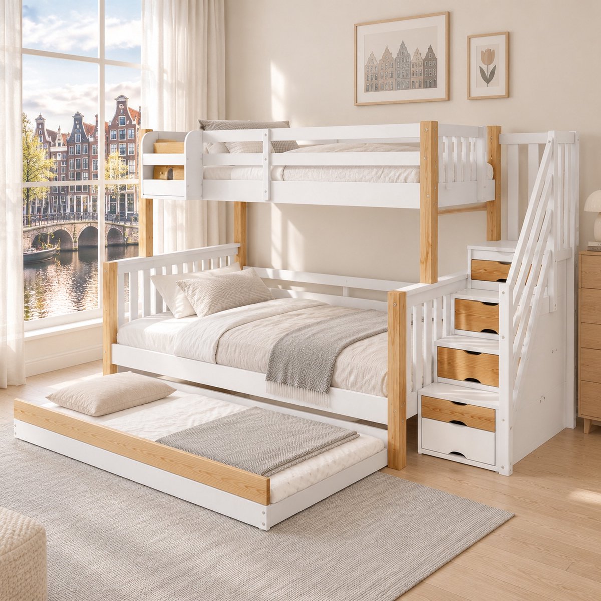 WUVRIE Stapelbed met uitschuifbed 90x200 en 120x200 cm, trap met 4 opbergvakken, wit/naturel Wit en naturel