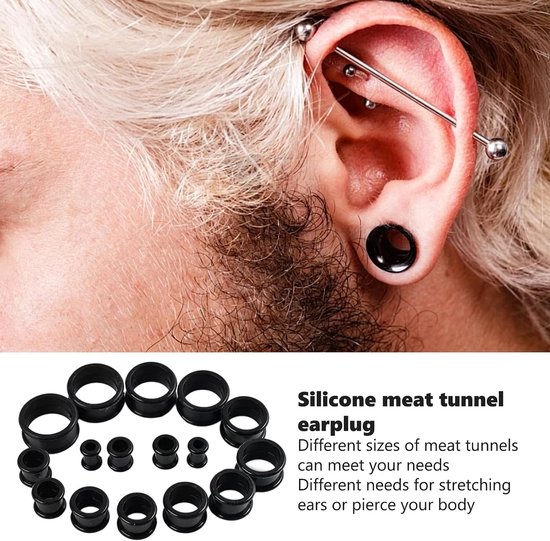Tunnels, 16 stuks, van siliconen, dubbele vergroting, uniseks, zwart — afbeelding 3