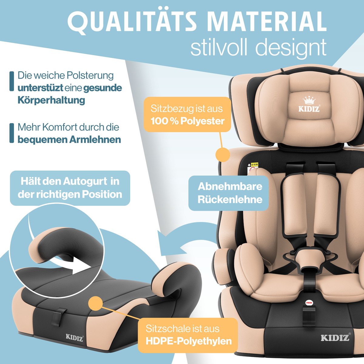 KIDIZ® Autostoeltje | Groep 1+2+3 | 9-36 kg 5-punts veiligheidsgordel, Autostoeltje, Kinderzitje, Verstelbare Hoofdsteun | Stoelverhoger 1-12 jaar, Stabiel en Veilig – foto 5