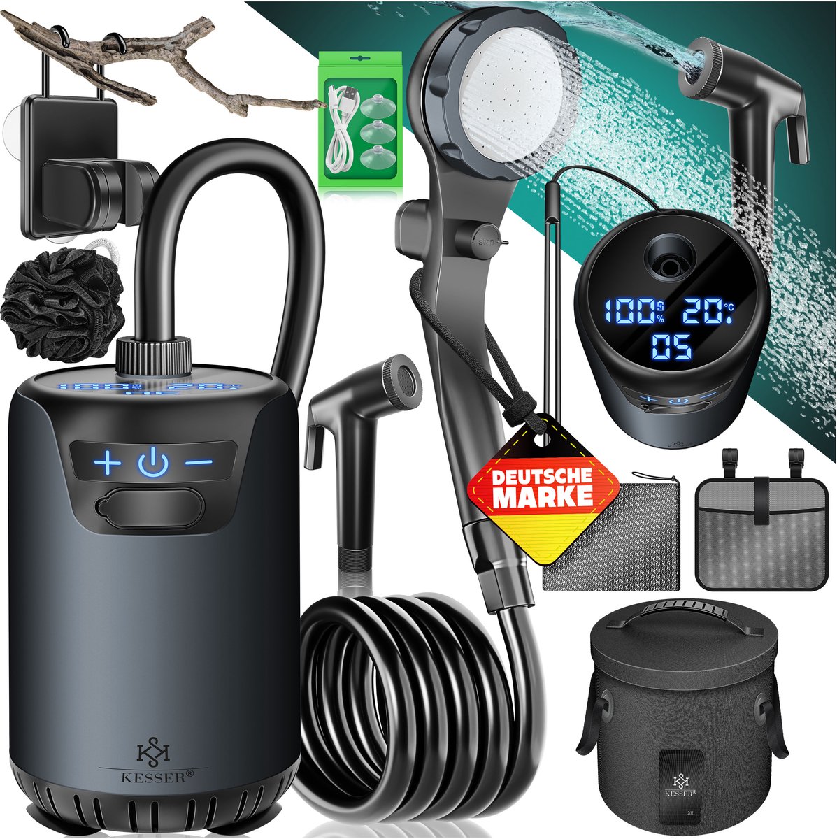 KESSER® Campingdouche X-Gear - mobiele douche met pomp en accu 8000mAh - 20L watertank - antraciet/zwart