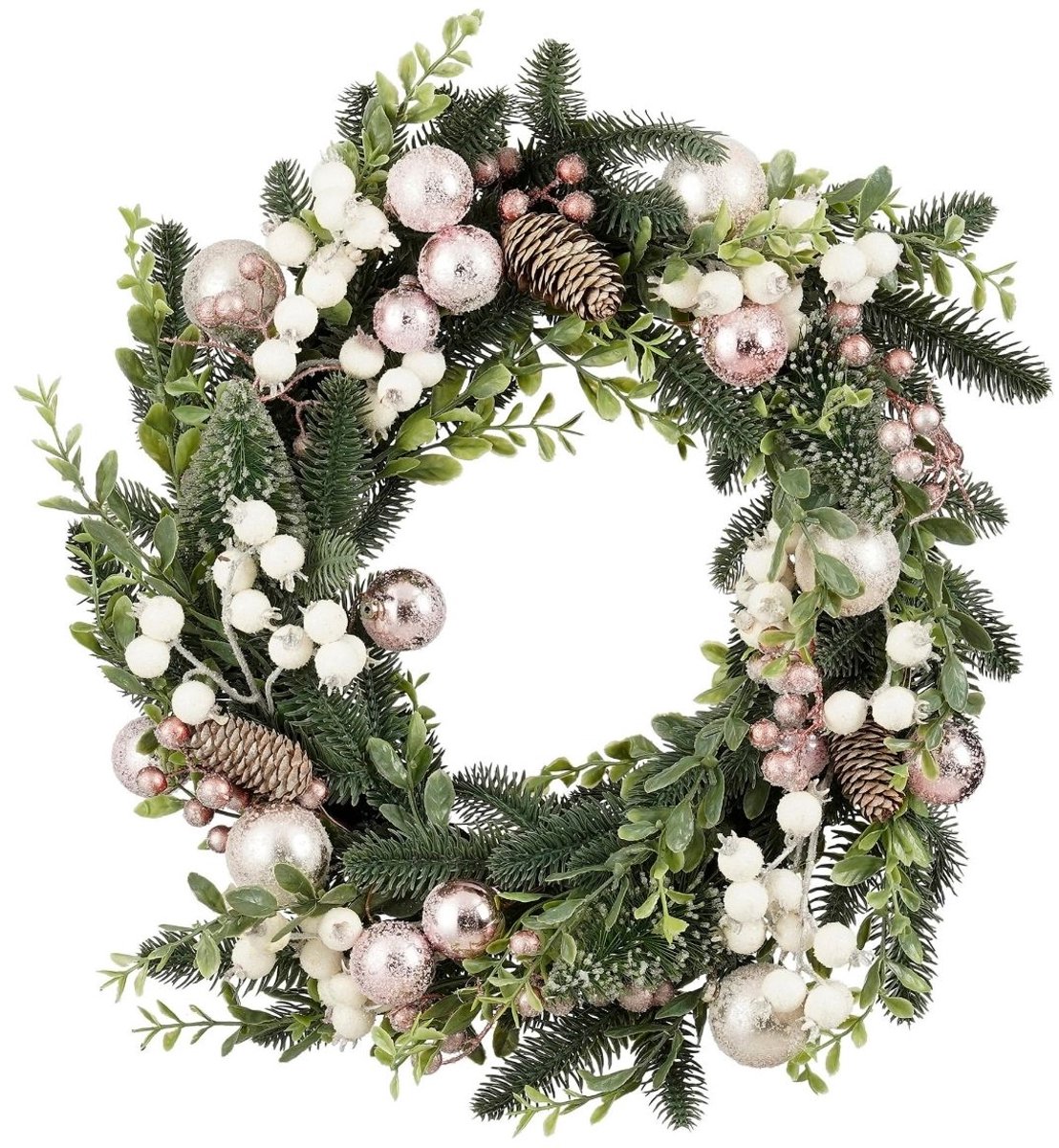 Mica Decorations Rosalie Kerstkrans Roze met Groene Dennentakken - Kerstkrans met Roze en Witte Kerstballen - Decoratieve Krans voor Deur, Muur of Tafel - H11 x Ø50 cm