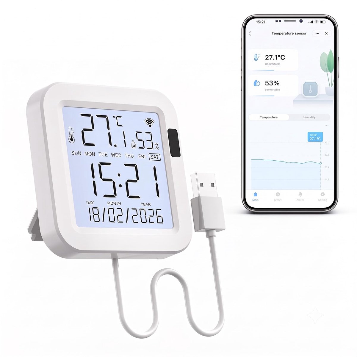 Indoor thermometer hygrometer, Tuya indoor thermometer vochtigheidssensor met achtergrondverlichting, datalogging display, babykamer (8 x 8 cm)