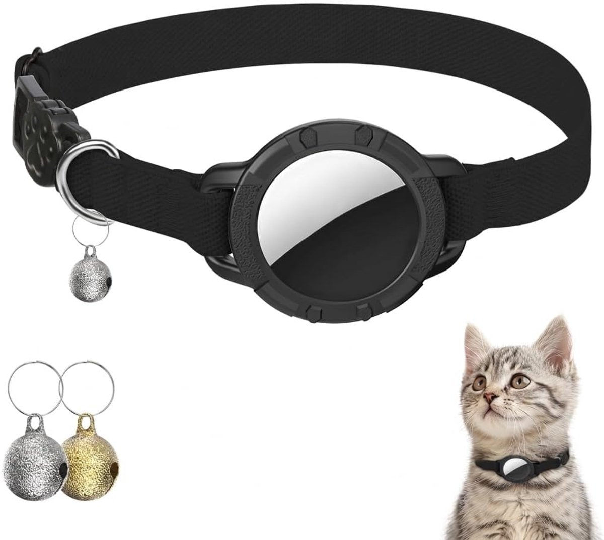 Kattenhalsband, Rekbare Kattenhalsband voor Katten met Veiligheidssluiting, Air Tag-Beschermhoes en Belletje, Licht en Comfortabel, voor Katten, Kittens en Puppy's (Zwart)