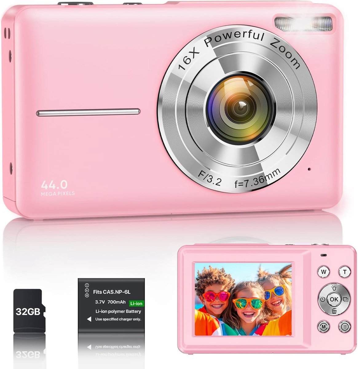 Camera, 1080p, 44 MP, vloggingcamera voor kinderen en jongeren, FHD compacte camera met 2,4 inch scherm, 16x zoom, anti-shake mini-camera voor beginners, studenten, jongens en meisjes, roze