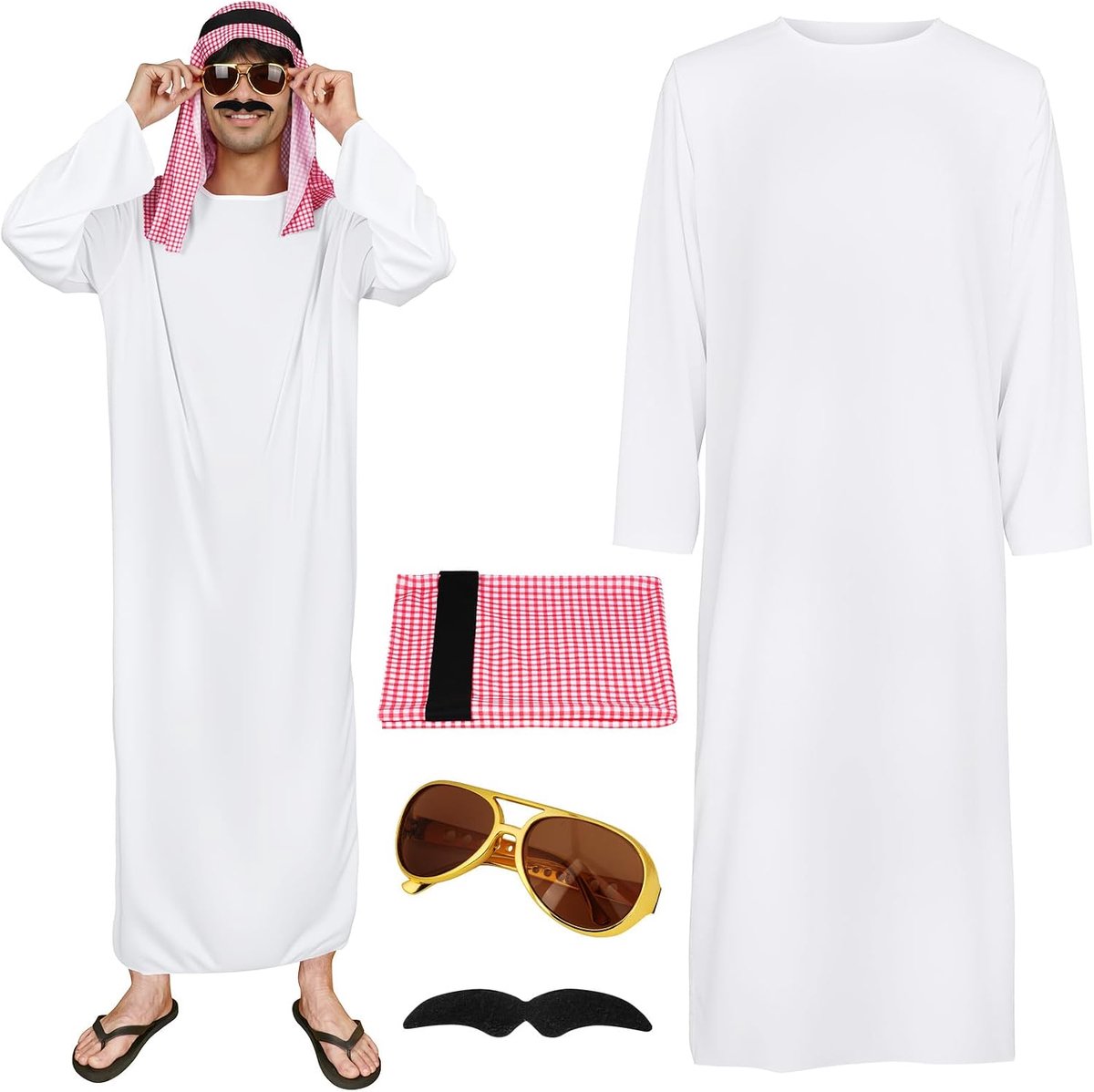 Kostuum Arabische sjechische set Tsjechisch kostuum heren met witte Arabische gewaad geruite hoofddoek bril en baard Sjikh Araber kostuum cosplay outfits carnavalskostuums Tsjechisch Arabo