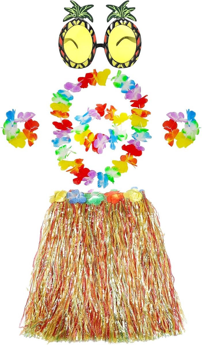 6-delig Hawaii-kostuum, Hawaï-slingerset met Hawaïaans gras, Hula-halsketting, slinger, Hawaï-hoofdbanden, voor strand, themafeest, carnaval