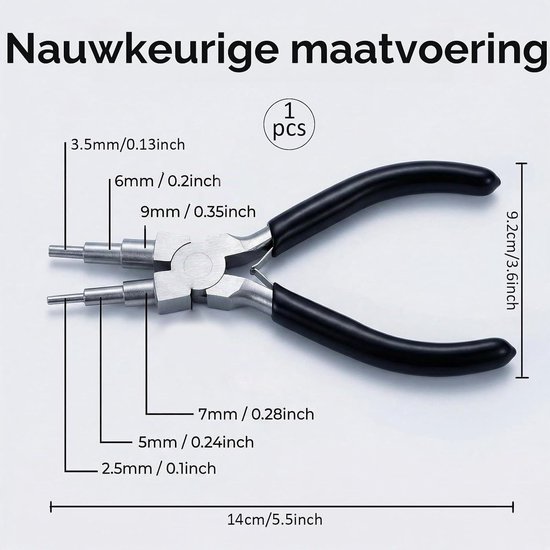 Tang voor sieraden en handwerk in 6 stappen, kopdiameter van 2,5 tot 9 mm, comfortabele antislip handgrepen, gesmeed van staal met hoog koolstofgehalte — afbeelding 2