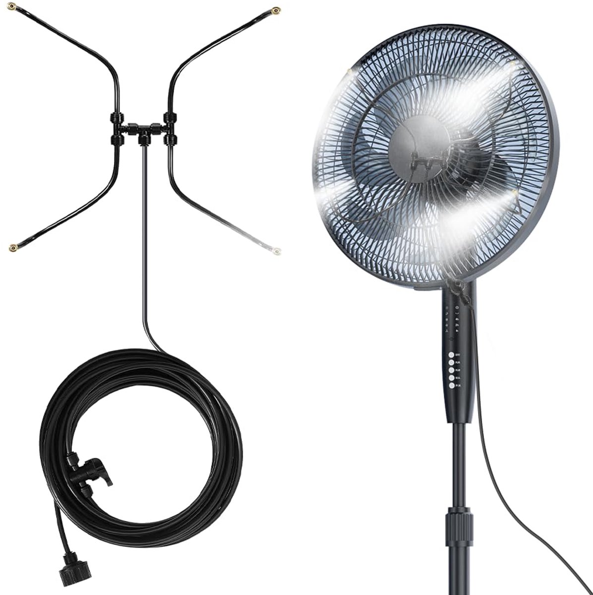 Koeling, terras, ventilatornevel voor buitenterras, met 3 meter slang en 5 360° draaibare sproeiers, outdoor mistsysteem voor waternevel, tuin, barbecue, party, zwembad