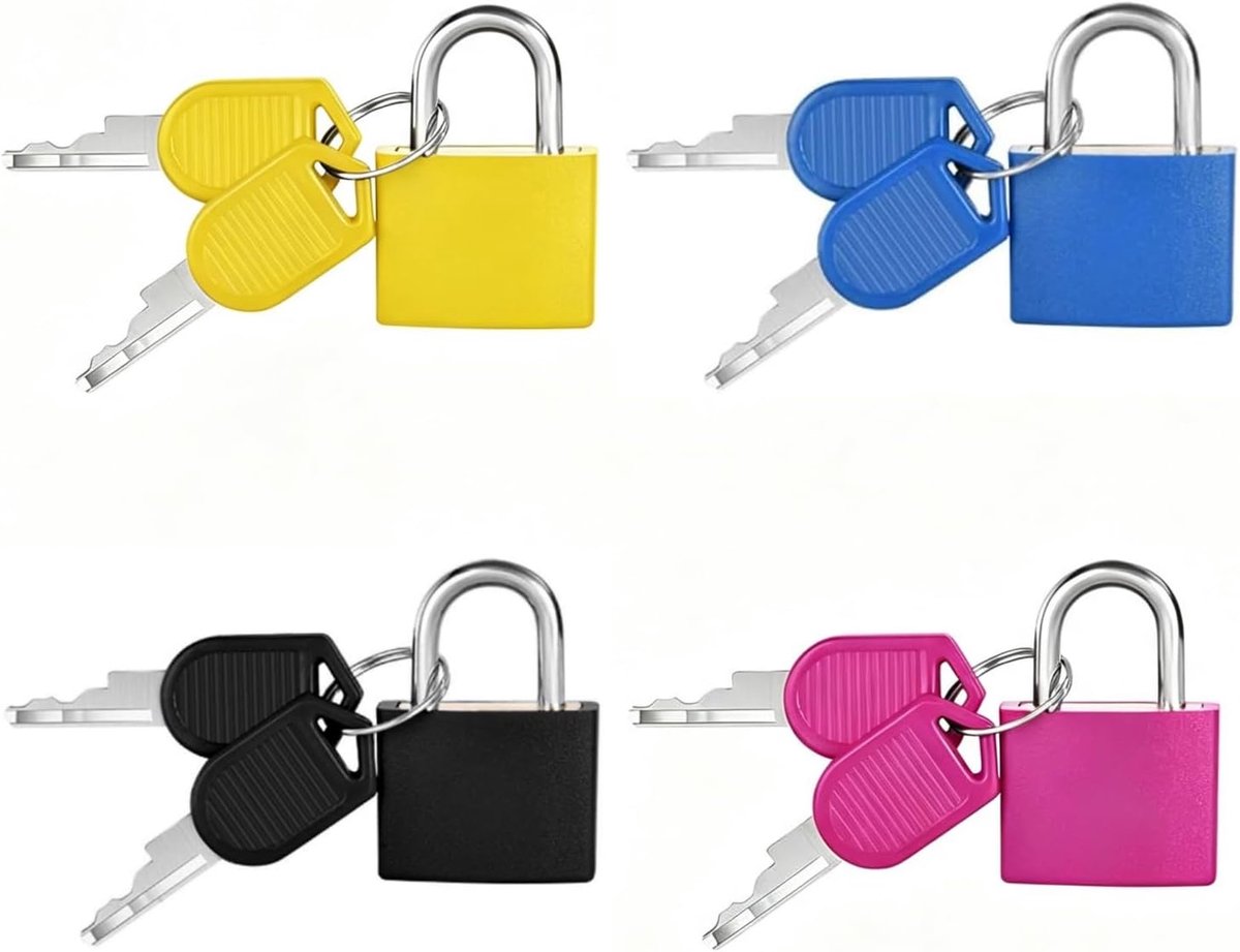 4 stuks kofferslot met sleutel, klein hangslot, bagageslot, reisslot, rugzakslot, kleurvast metalen hangslot met sleutel, klein hangslot voor reizen, rugzak, spelen fitness