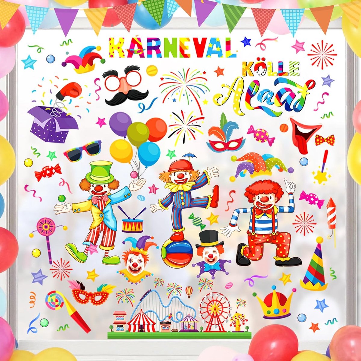 Raamstickers, zelfklevend, statisch hechtende, voor ramen, spiegels en glazen oppervlakken, herbruikbaar, kleurrijk, cartoon, voor carnaval, circusfeesten en verjaardagsfeesten