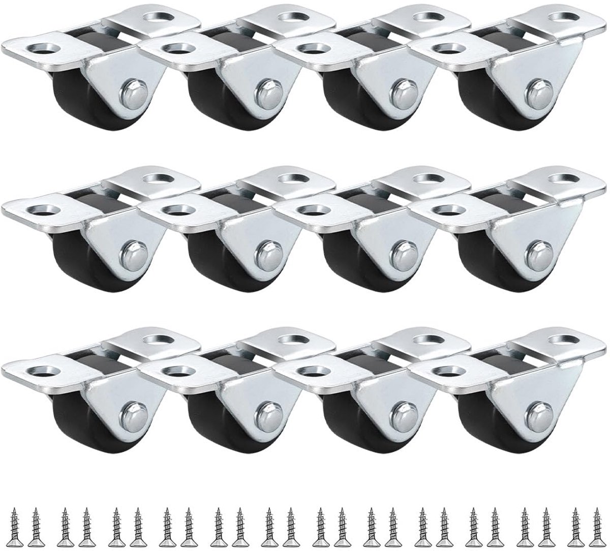 12 stuks mini-meubelwielen, meubelwielen, kleine rubberen wielen met stalen plaat, robuuste metalen constructie, laag profiel voor meubels en doe-het-zelfprojecten