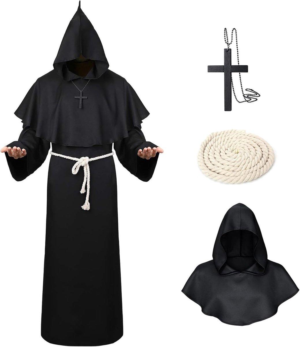 Priestergewaad, halloweenkostuum met capuchon en kruis, taillekoord, middeleeuwse renaissance met capuchon, voor heren, monniks voor carnaval, themafeest, carnaval en cosplay